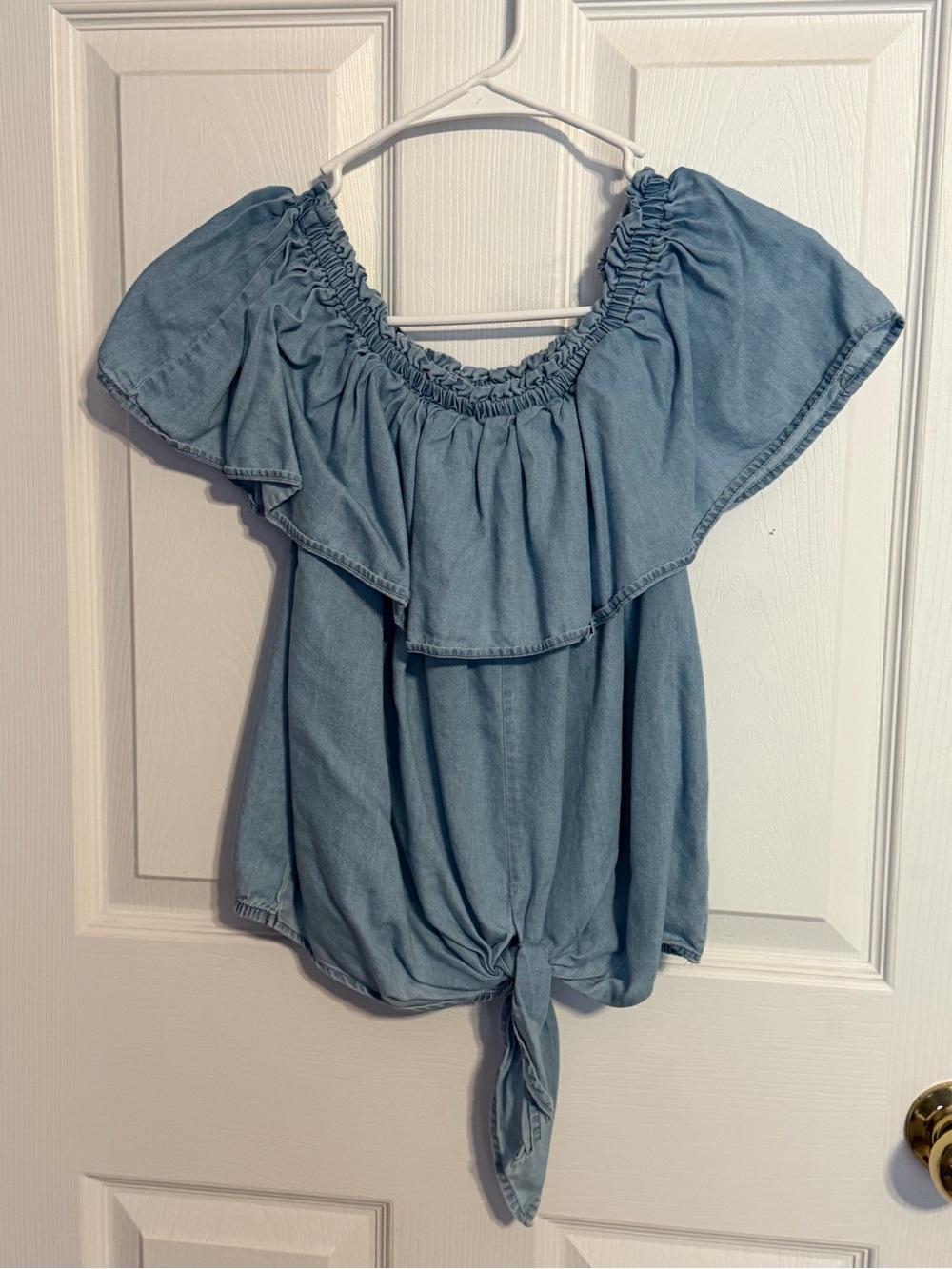 Express Light Blue Off-Shoulder Tie-Hem Top